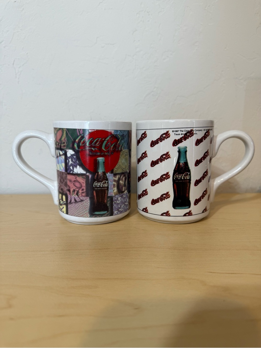 DUO Vintage 1997 Coca-Cola Ceramic Gibson Coffee Mugs Patchwork & Bottle